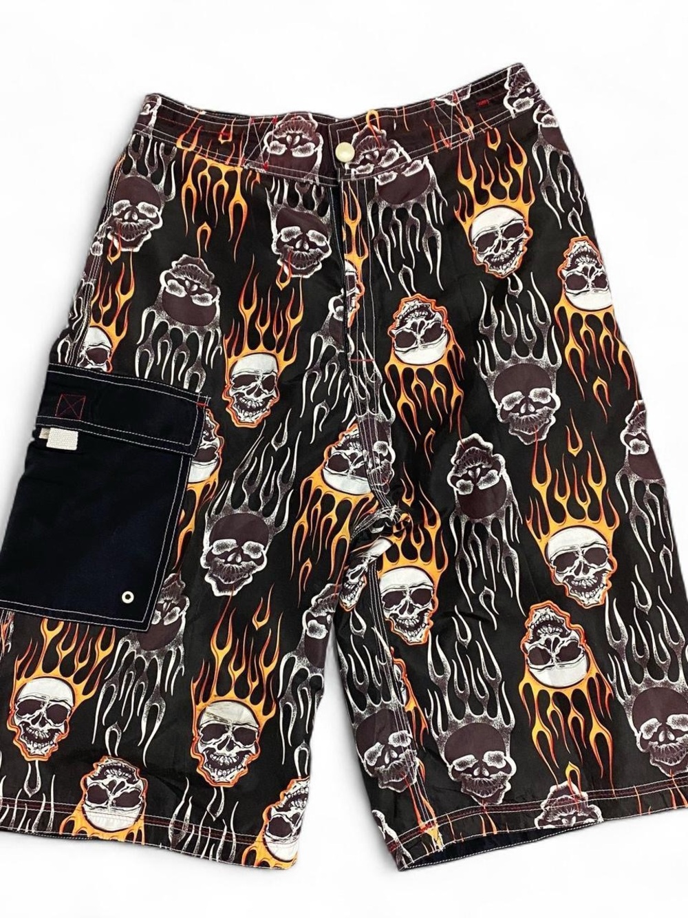 Y2K skull fire baggy board short black and orange